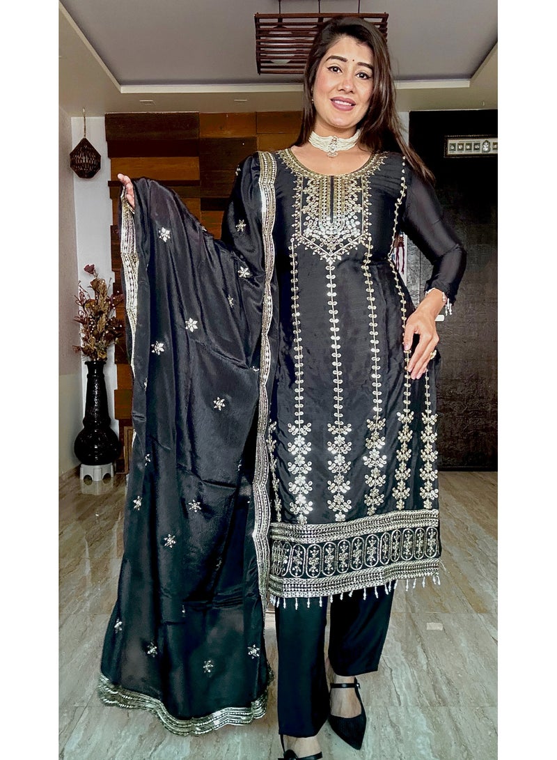 Fully stitched ready to wear Black Dress embroidery work Silk with Heavy embroidery Dress - Image 3