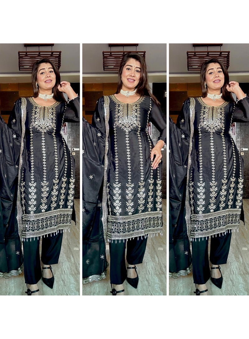 Fully stitched ready to wear Black Dress embroidery work Silk with Heavy embroidery Dress - Image 4