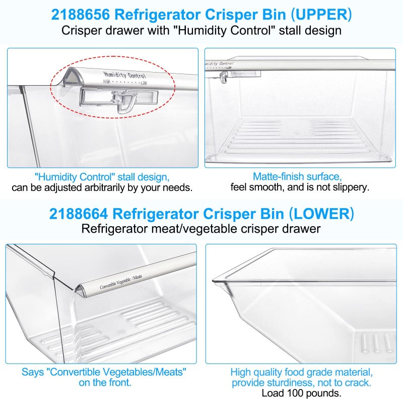 S-Union [2 Pack] Upgraded 2188656 Fridge Crisper Drawer Humidity Control Drawer UPPER & 2188664 Crisper Bin LOWER for Whirlpool Fridge Crisper Drawer,Kenmore Whirlpool Refrigerator Drawer Replacement Parts - Image 2