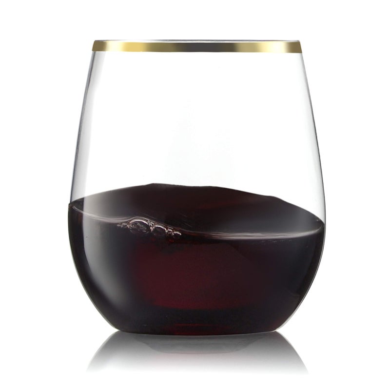 CHATEAU FINE TABLEWARE 32 Pack Stemless Plastic Wine Glasses Disposable 12 Oz Gold Rim  Shatterproof Recyclable and BPAFree Stylish Drinkware for all Beverages Cocktail Parties Wedding Reception