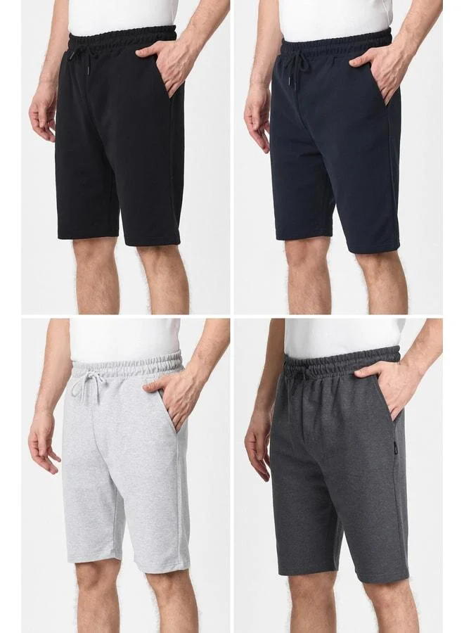 Men's Black-Navy-Grey-Anthracite Side Pocket Elastic Waist Regular Fit Comfortable Cut 4-Piece Shorts.