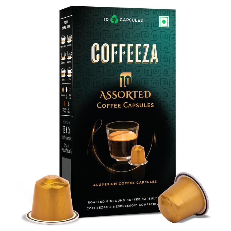 COFFEEZA Assorted Box Of 10 Coffee Capsules Classico, Intenso, Cremoso, Forte, And Mysore Nuggets, 70 Gram - Image 1