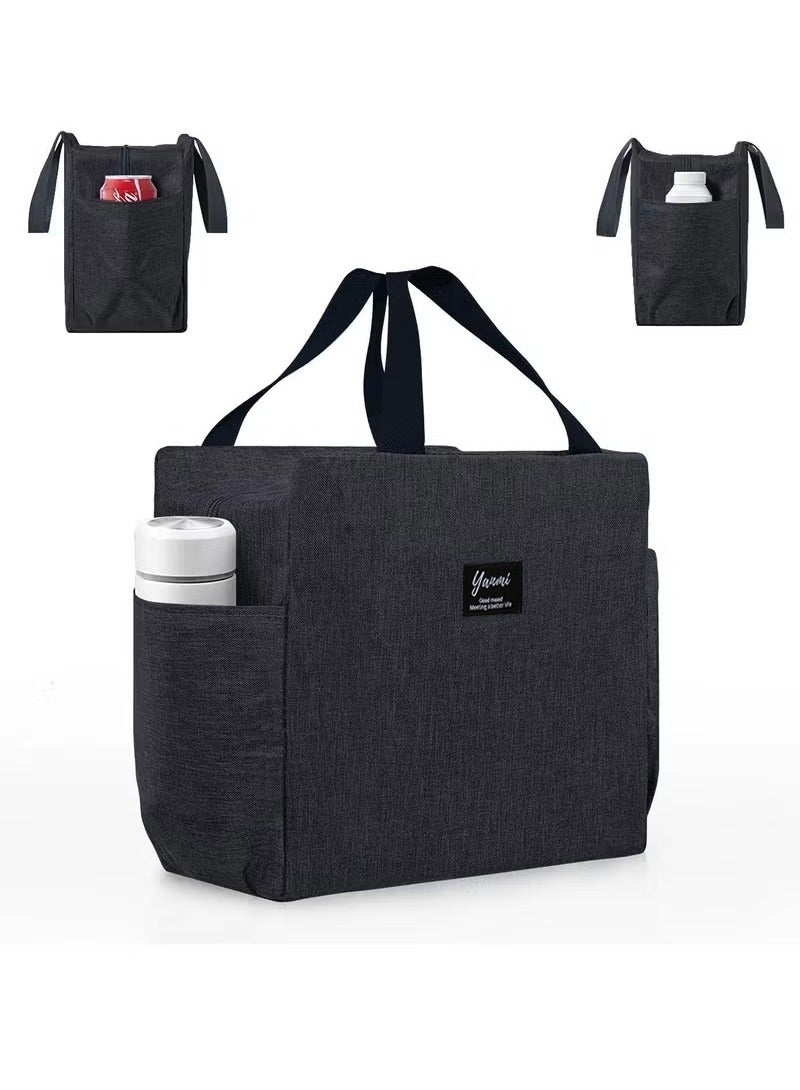 حقيبة غداء معزولة مع جيوب جانبية مزدوجة، حقيبة غداء حرارية للنساء والرجال والأطفال مع حجم خفيف الوزن للعمل والنزهات والمكتب المدرسي، مادة أكسفورد سوداء 25 × 14 × 25 سم - Image 1