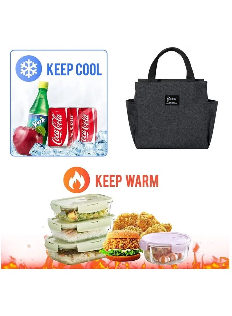 حقيبة غداء معزولة مع جيوب جانبية مزدوجة، حقيبة غداء حرارية للنساء والرجال والأطفال مع حجم خفيف الوزن للعمل والنزهات والمكتب المدرسي، مادة أكسفورد سوداء 25 × 14 × 25 سم - Image 2