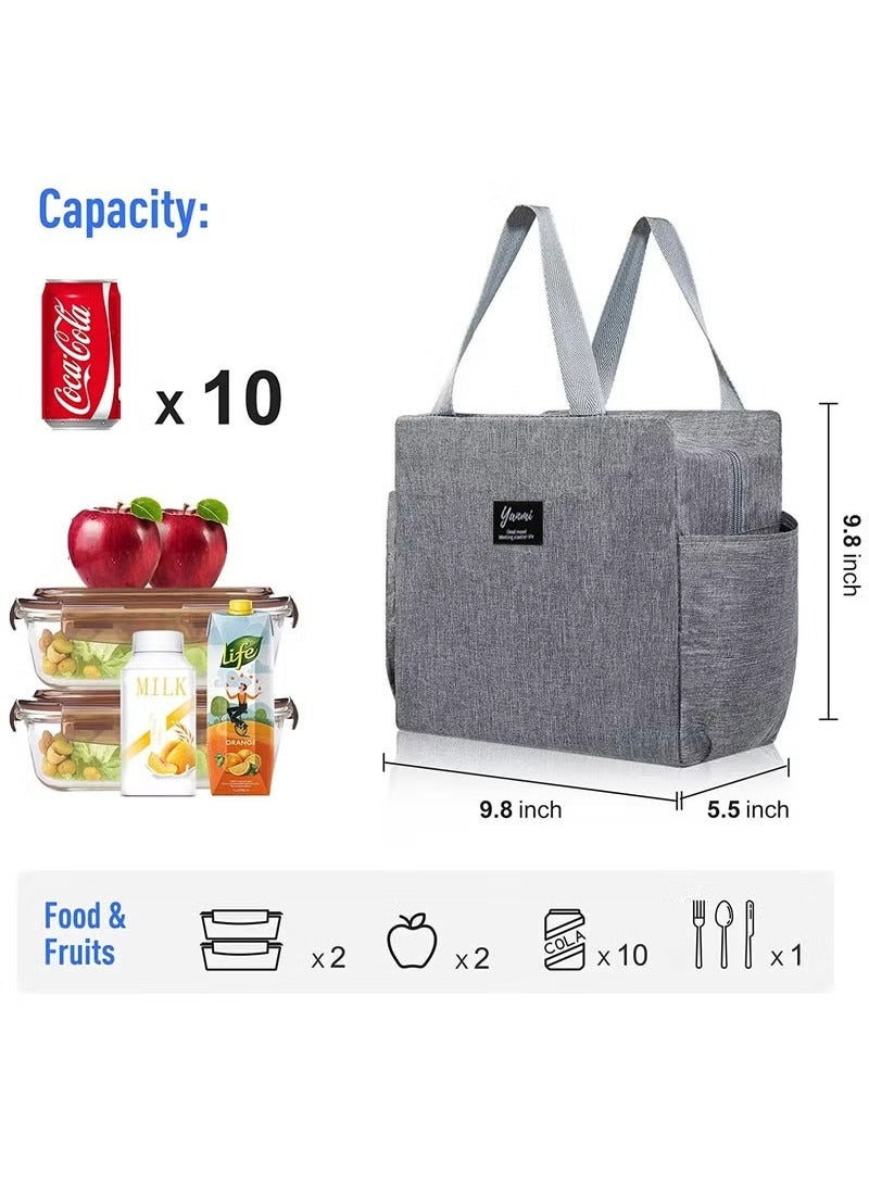 حقيبة غداء معزولة مع جيوب جانبية مزدوجة، حقيبة غداء حرارية للنساء والرجال والأطفال مع حجم خفيف الوزن للعمل والنزهات والمكتب المدرسي، مادة أكسفورد سوداء 25 × 14 × 25 سم - Image 3