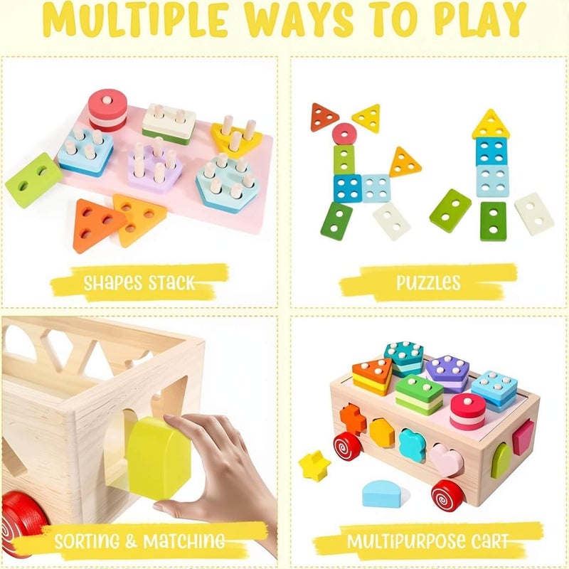 EDUTREE Montessori Wooden Shape Sorter Toy – Toddler Educational Puzzle Blocks with Stacking Shapes, Sorting Cube with Wheels, Preschool Educational Toy for Boys & Girls Age 1 2 3 - Image 4