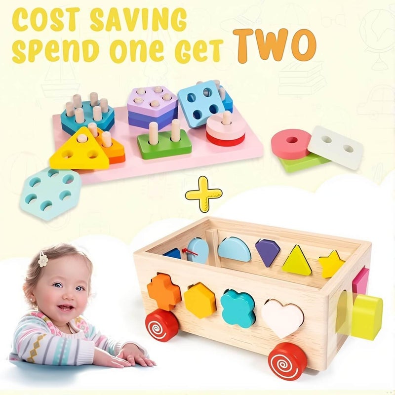 EDUTREE Montessori Wooden Shape Sorter Toy – Toddler Educational Puzzle Blocks with Stacking Shapes, Sorting Cube with Wheels, Preschool Educational Toy for Boys & Girls Age 1 2 3 - Image 2