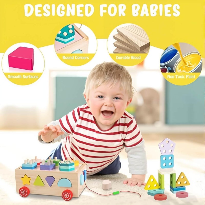 EDUTREE Montessori Wooden Shape Sorter Toy – Toddler Educational Puzzle Blocks with Stacking Shapes, Sorting Cube with Wheels, Preschool Educational Toy for Boys & Girls Age 1 2 3 - Image 5