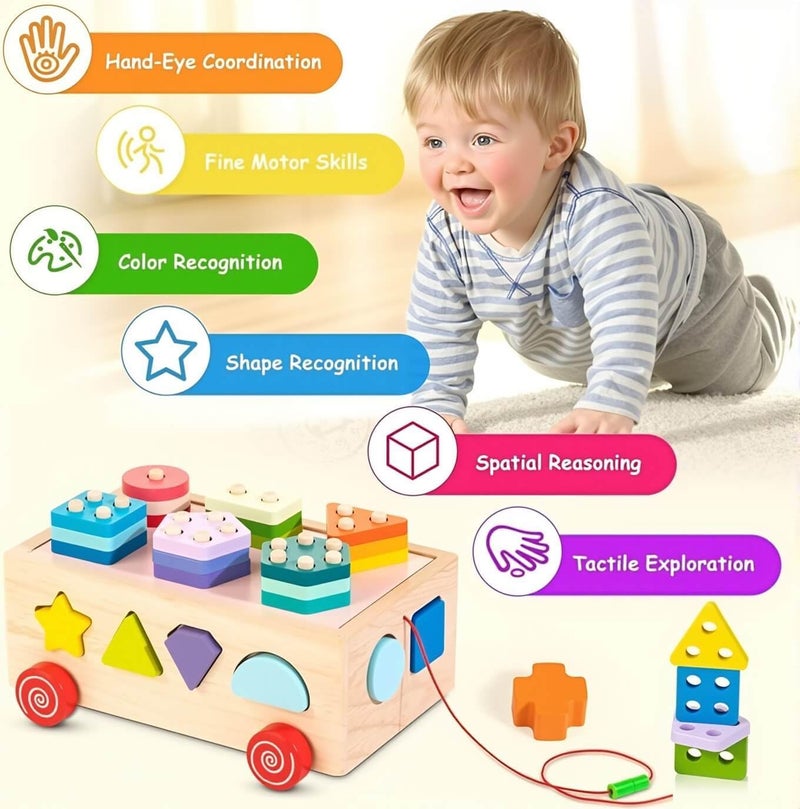 EDUTREE Montessori Wooden Shape Sorter Toy – Toddler Educational Puzzle Blocks with Stacking Shapes, Sorting Cube with Wheels, Preschool Educational Toy for Boys & Girls Age 1 2 3 - Image 3