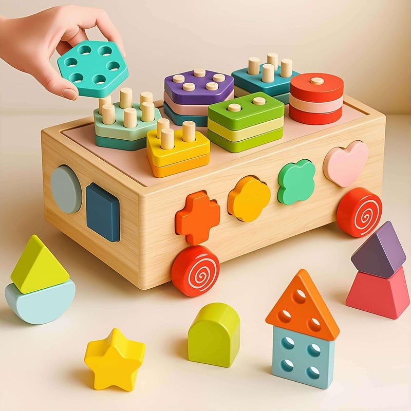 EDUTREE Montessori Wooden Shape Sorter Toy – Toddler Educational Puzzle Blocks with Stacking Shapes, Sorting Cube with Wheels, Preschool Educational Toy for Boys & Girls Age 1 2 3 - Image 1