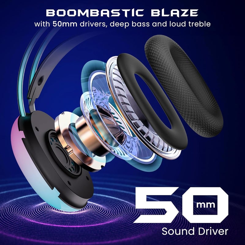 Hammer Blaze Wired Over Ear Gaming Headphones with Mic, 50mm Drivers, Full RGB Lights, Gaming Headset with Adjustable Bands, Breathable earcushion, 1.5Mtr Wire with USB (Black) - Image 3