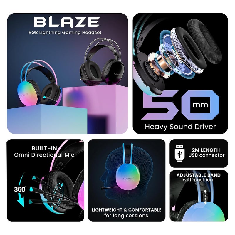 Hammer Blaze Wired Over Ear Gaming Headphones with Mic, 50mm Drivers, Full RGB Lights, Gaming Headset with Adjustable Bands, Breathable earcushion, 1.5Mtr Wire with USB (Black) - Image 2