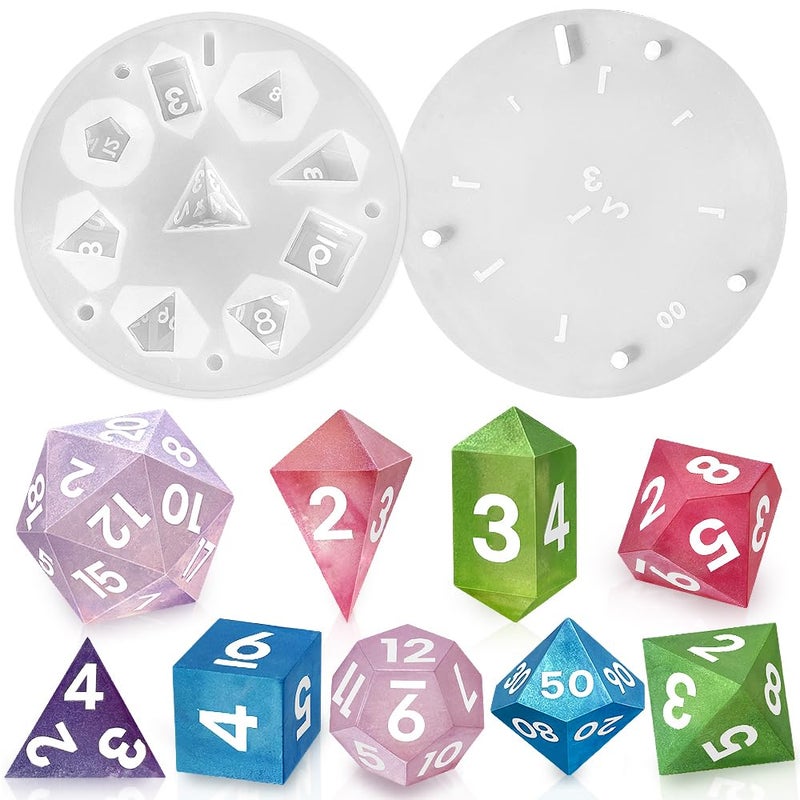 RESINWORLD Upgraded 9 Piece Polyhedral Dice Mold New Font 7 DND Dice Set Mold Pendant Crystal D4 Mold Silicone