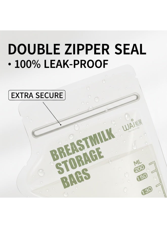 WAI 30Pcs Breast Milk Storage Bags, 200ml Milk Storage Bags, Milk Bags, BPA Free, Pre Sterilized, Self Standing Milk Storage Bags with Double Zip Seal, Flat Freezer Storage, Side Pour Spout, for Breastfeeding, Newborn and Infant, Home Night Feeding and Travel Use - Image 2