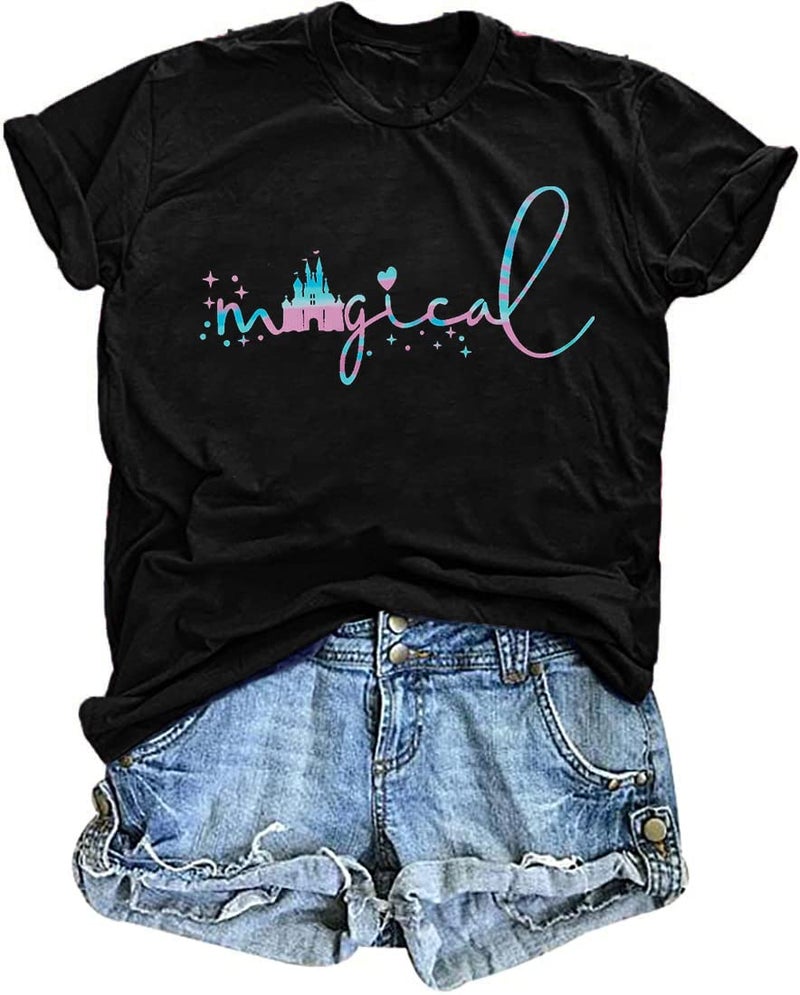 UNIQUEONE Magical Shirt for Women Magic Kingdom Tshirt Family Vacation Tee Castle Graphic Short Sleeve Tops Black - Image 1