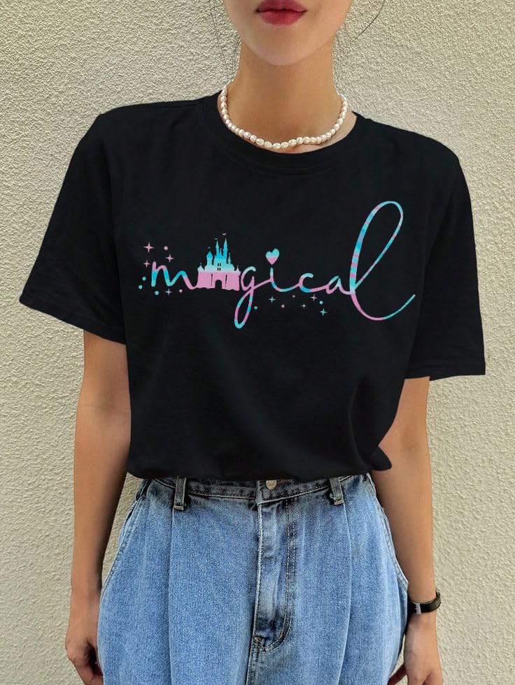 UNIQUEONE Magical Shirt for Women Magic Kingdom Tshirt Family Vacation Tee Castle Graphic Short Sleeve Tops Black - Image 2