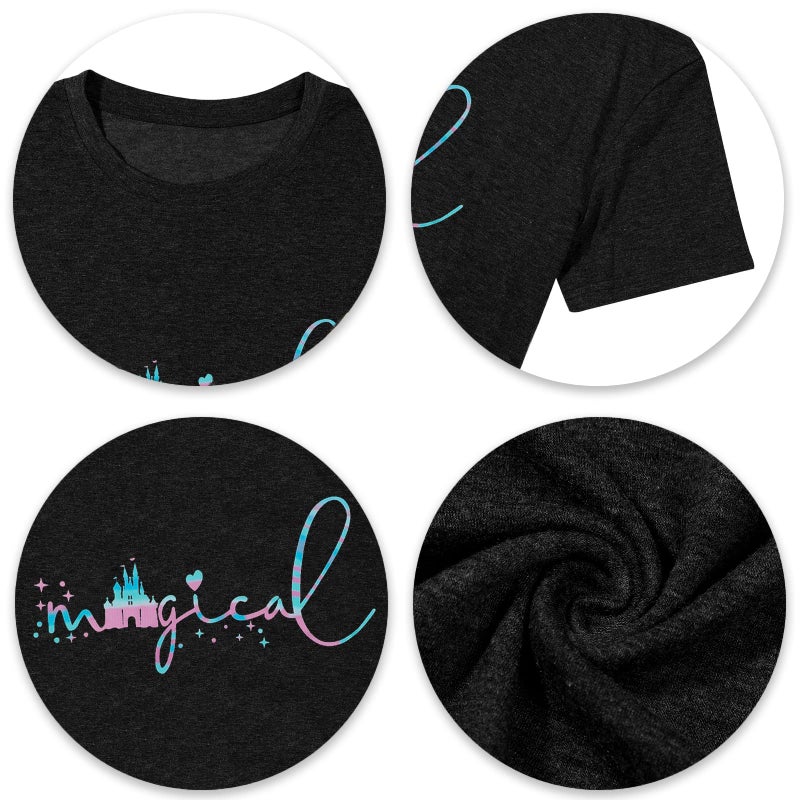 UNIQUEONE Magical Shirt for Women Magic Kingdom Tshirt Family Vacation Tee Castle Graphic Short Sleeve Tops Black - Image 4