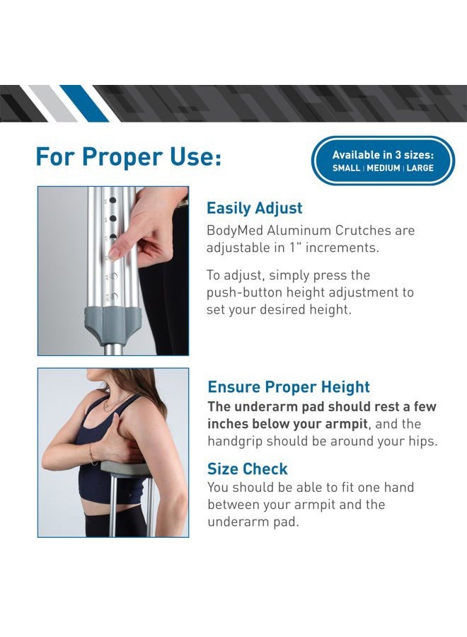 BodyMed عكازات ألمنيوم، للبالغين، متوسطة، 5' 2"–5' 10" – زوج من العكازات الخفيفة، قابلة للتعديل في الارتفاع – تشمل وسائد تحت الإبط، مقبض يد، ونقاط مطاطية – الحد الأقصى لوزن التحمل 300 رطل. - Image 2