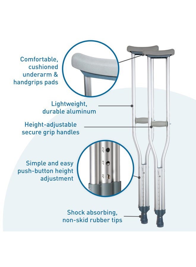BodyMed عكازات ألمنيوم، للبالغين، متوسطة، 5' 2"–5' 10" – زوج من العكازات الخفيفة، قابلة للتعديل في الارتفاع – تشمل وسائد تحت الإبط، مقبض يد، ونقاط مطاطية – الحد الأقصى لوزن التحمل 300 رطل. - Image 4