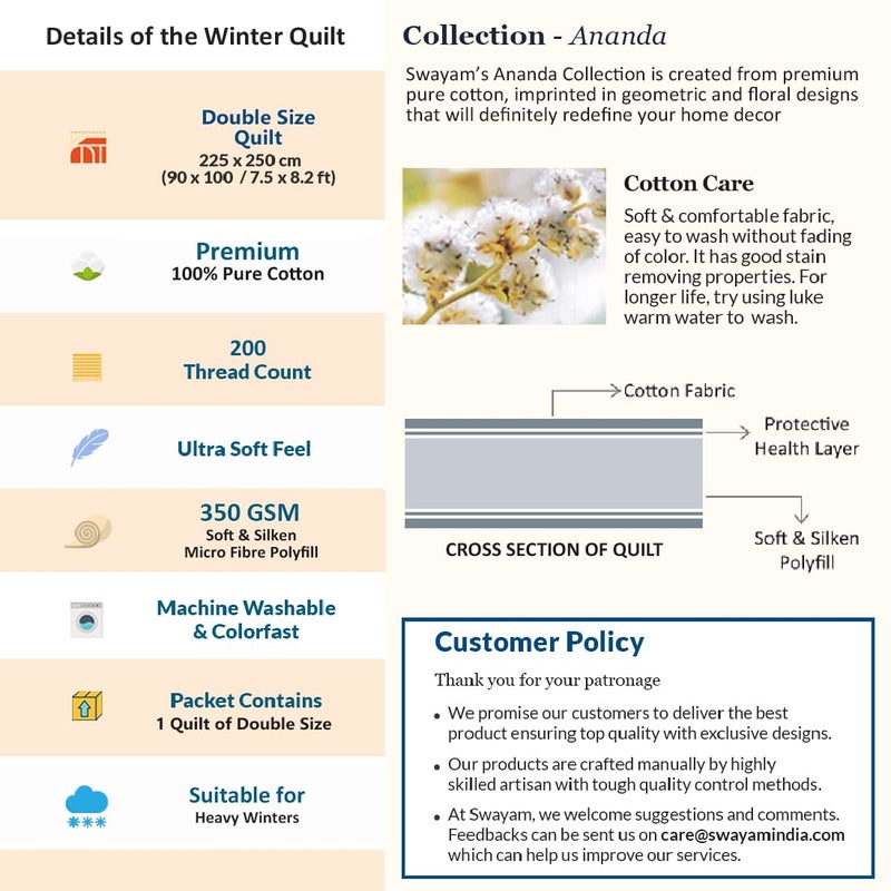 Swayam Floral Design 350 GSM Pure Cotton Double Winter Quilt, Blue and Grey - Image 5