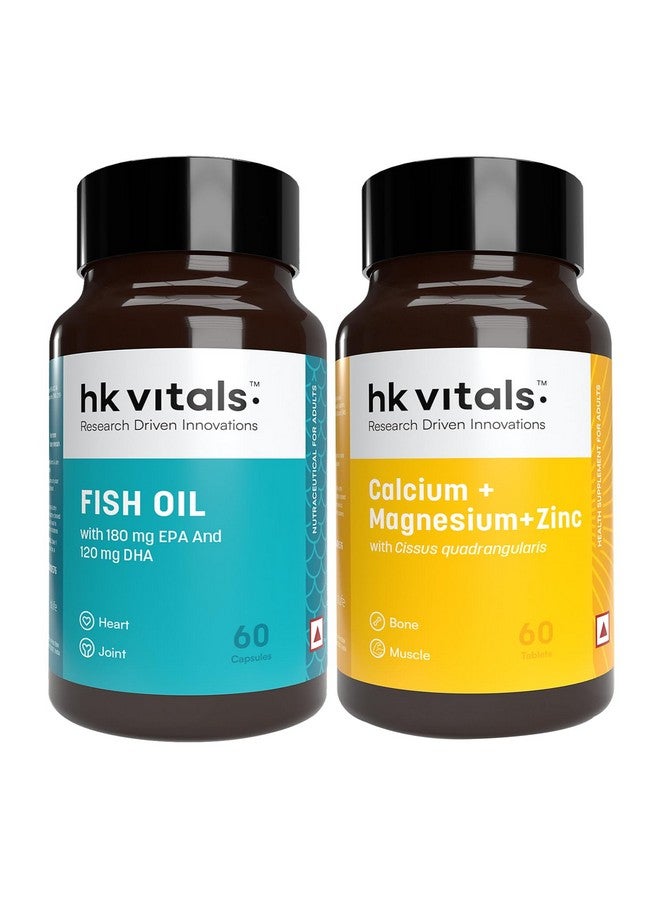 HEALTHKART حبوب هيلث كارت hk فيتالز الكالسيوم والمغنيسيوم والزنك مع فيتامين D3 وزيت السمك (60 حبة لكل منها) حزمة كومبو | 1000 ملغ أوميغا 3 مع 180 ملغ EPA و120 ملغ DHA - Image 1