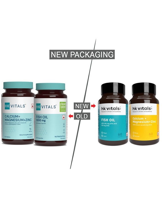 HEALTHKART حبوب هيلث كارت hk فيتالز الكالسيوم والمغنيسيوم والزنك مع فيتامين D3 وزيت السمك (60 حبة لكل منها) حزمة كومبو | 1000 ملغ أوميغا 3 مع 180 ملغ EPA و120 ملغ DHA - Image 2