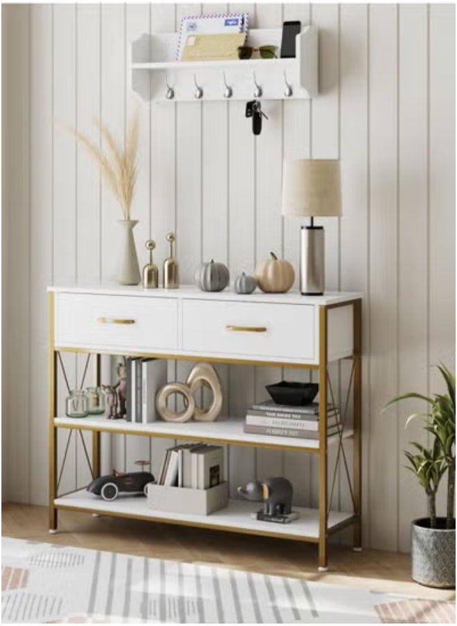 AGD Multipurpose Narrow Console Table, Sofa Table with 2 Drawers and 2 Storage Shelves, Side Entry Table for Living Room and Office in White  - Image 4