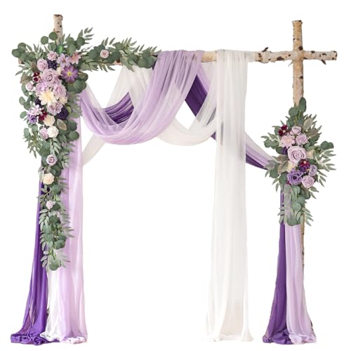 WEIERYUE Deluxe Purple Artificial Wedding Arch Flowers with Drapes KitPack of 5 2pcs Flower Arrangements 3pcs Hanging Sheer Drapes Blue Ceremony Arbor Reception Backdrop Rose Floral Decorations - Image 1