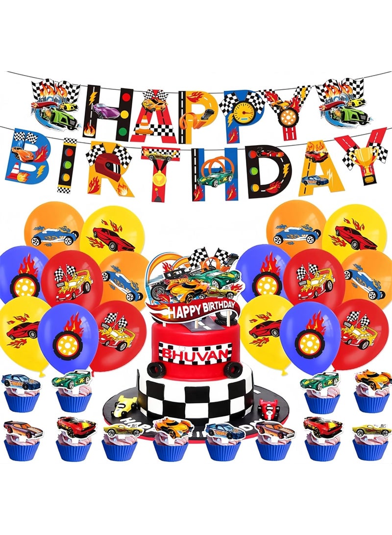 SOLARAE زينة عيد ميلاد هوت ويل - 20 قطعة لوازم حفلات سيارات السباق، لافتة سعيدة، قمة كعكة، قمة كب كيك، مجموعة بالونات - للأطفال، حفلة استقبال مولود، ديكور منزلي - Image 1