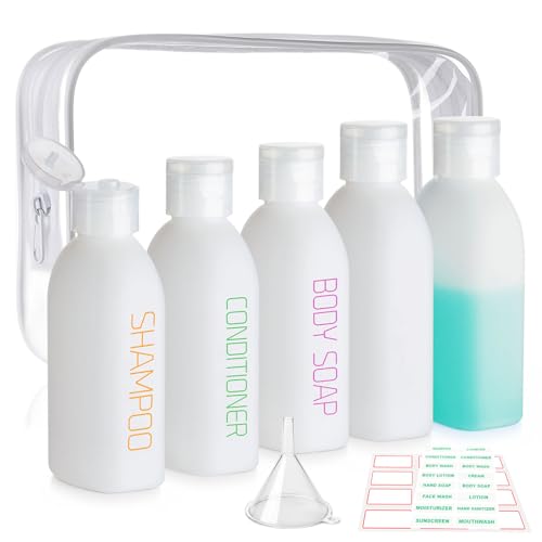 Cosywell Travel Bottles for Toiletries 5 Pack 34oz PrePrinted Shampoo Conditioner Body Soap Soft Touch HDPE Travel Size Containers TSA Approved Leak Proof Squeezable Toiletry BottleWhite - Image 1