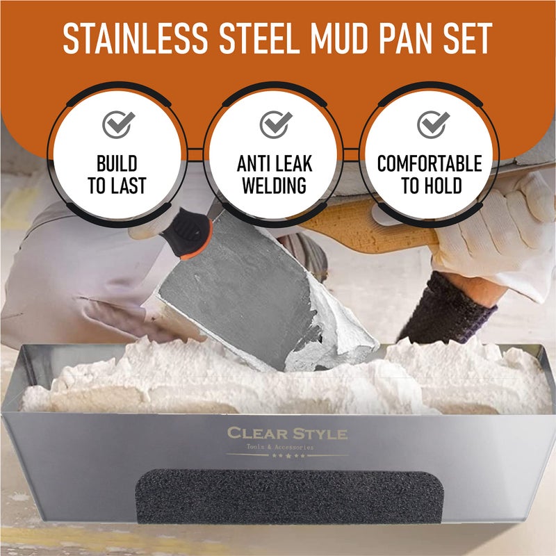 CLEAR STYLE Stainless Steel Mud Pan 14-Inch â€“ 2 Pack | Heavy Duty Drywall Tool with Anti-Slip Grip, Easy Clean, Rust Resistant, Taping & Joint Compound Pan for Contractors and DIY - Image 3