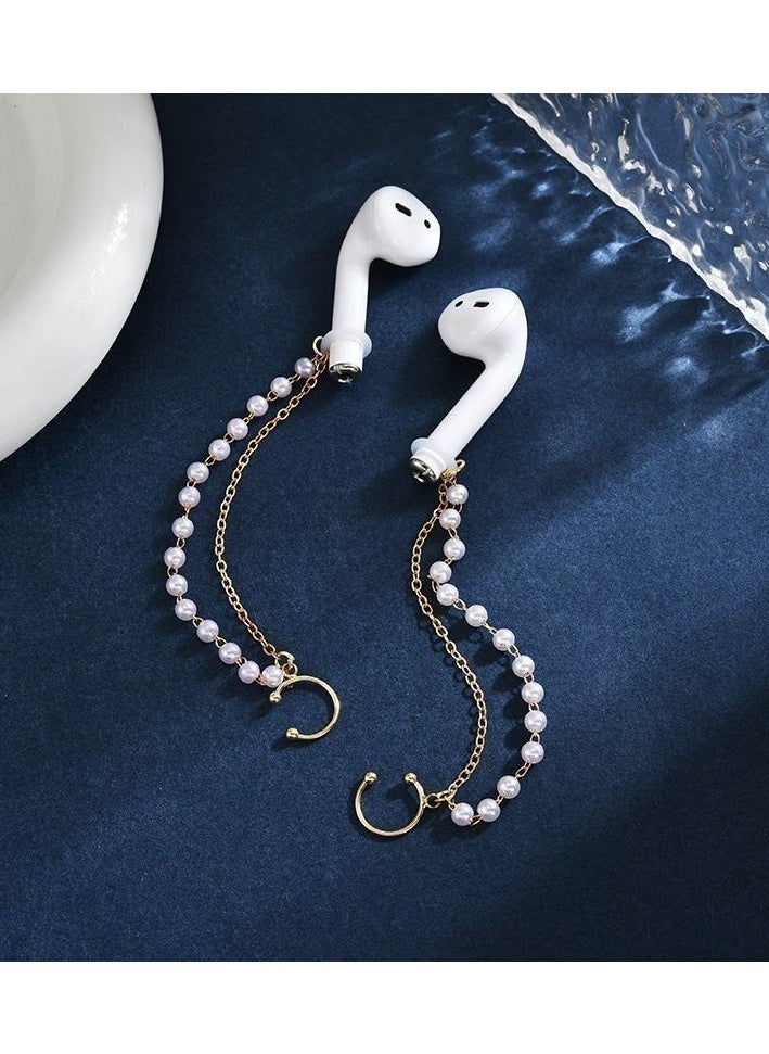 Generic Ladies' sports earphone chain, gold double-layer pearl anti loss earphone clip, compatible with Apple Airpods and other Bluetooth earphones  - Image 2