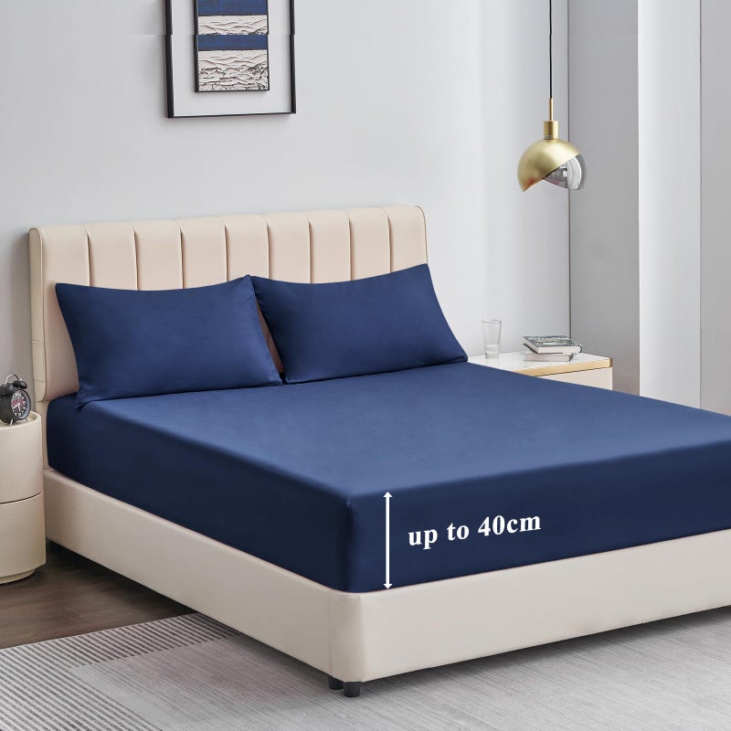 Aisbo King Size Fitted Sheet Navy Blue  Extra Deep Pocket Bed Sheet 16 inch 40 cm  Microfiber Bottom Sheet 150x200cm