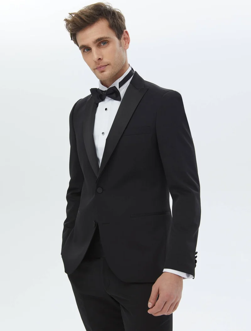 Kip Black Plain Slim Fit Removable Double Breasted Lapel Woven Tuxedo Suit