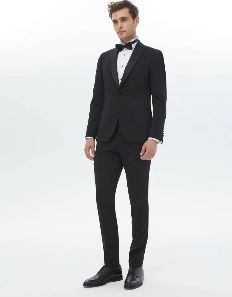 Kip Black Plain Slim Fit Removable Double Breasted Lapel Woven Tuxedo Suit