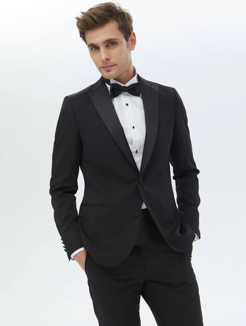 Kip Black Plain Slim Fit Removable Double Breasted Lapel Woven Tuxedo Suit