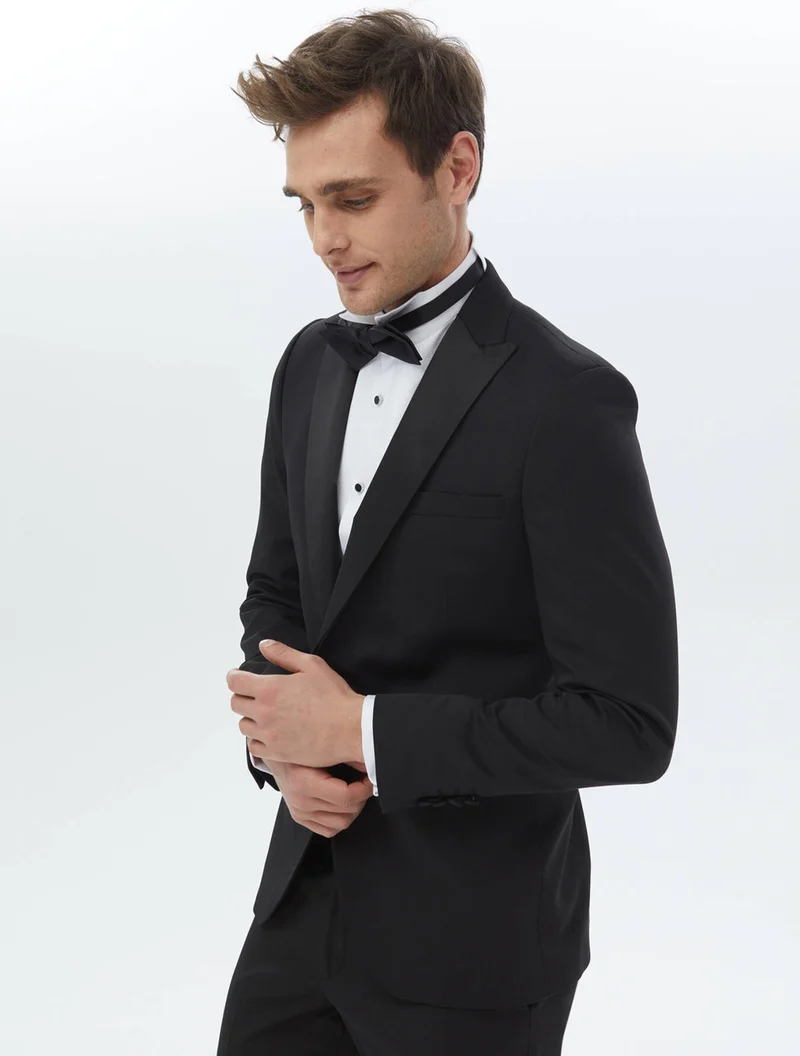 Kip Black Plain Slim Fit Removable Double Breasted Lapel Woven Tuxedo Suit