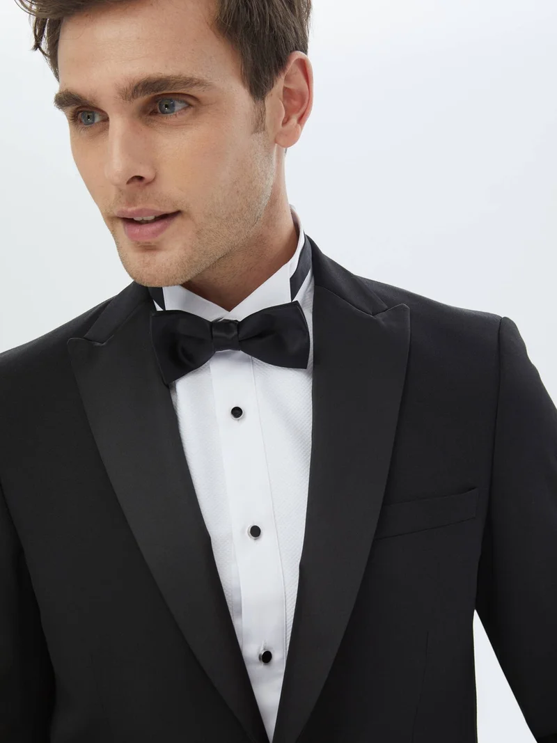 Kip Black Plain Slim Fit Removable Double Breasted Lapel Woven Tuxedo Suit