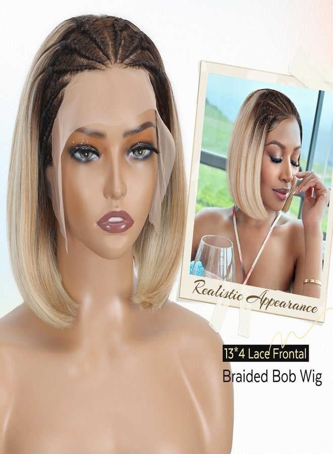 Lady Miranda 13x4 Glueless Cornrow Braided Bob Wig for Black Women Synthetic Lace Front Wig Handmade Braided Wigs for Black Women Ombre Blonde Short Straight Bob Wigs - Image 4
