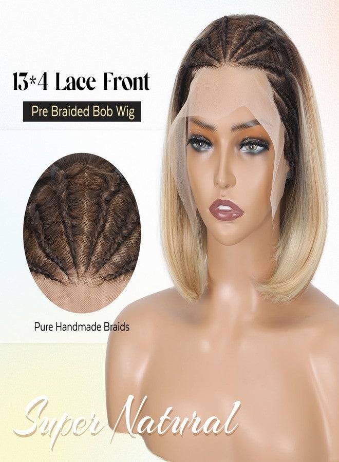 Lady Miranda 13x4 Glueless Cornrow Braided Bob Wig for Black Women Synthetic Lace Front Wig Handmade Braided Wigs for Black Women Ombre Blonde Short Straight Bob Wigs - Image 2