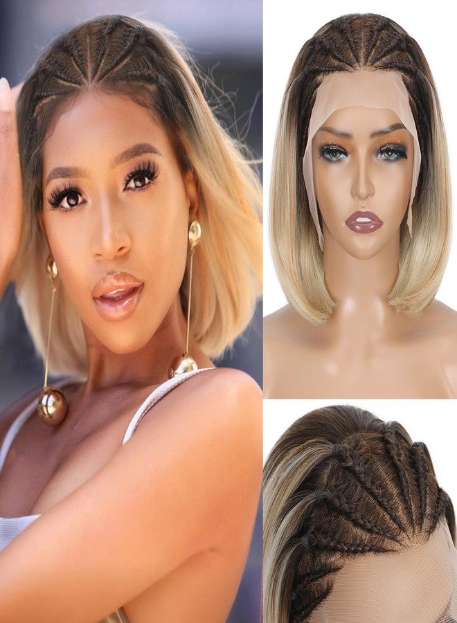 Lady Miranda 13x4 Glueless Cornrow Braided Bob Wig for Black Women Synthetic Lace Front Wig Handmade Braided Wigs for Black Women Ombre Blonde Short Straight Bob Wigs - Image 1