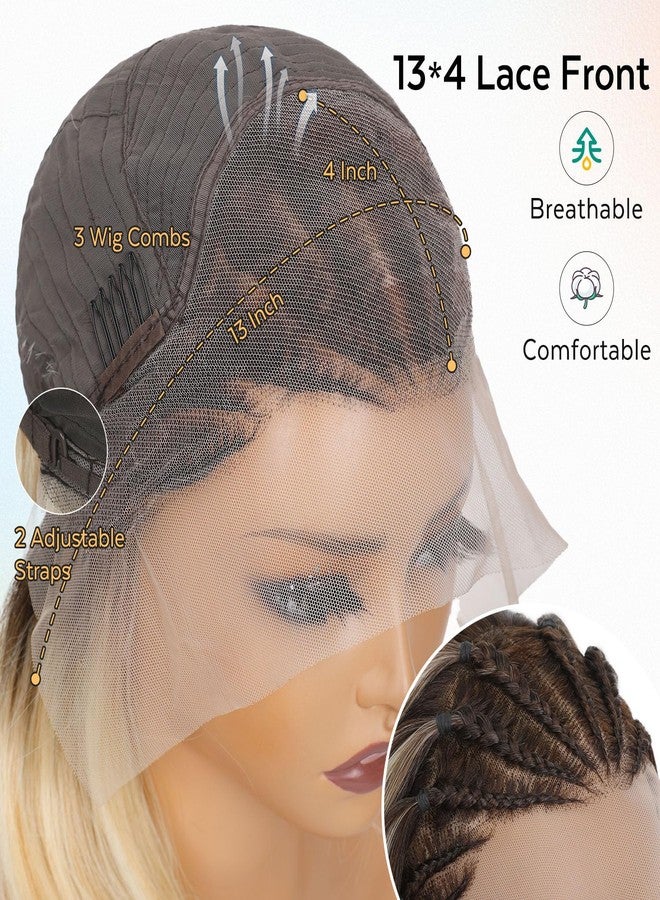 Lady Miranda 13x4 Glueless Cornrow Braided Bob Wig for Black Women Synthetic Lace Front Wig Handmade Braided Wigs for Black Women Ombre Blonde Short Straight Bob Wigs - Image 3