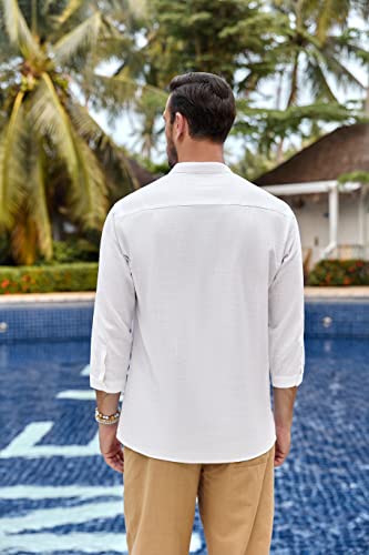 Karlywindow Mens Linen Henley Shirts Long Sleeve Hippie Yoga Summer Beach Casual Henleys T-Shirt White - Image 4