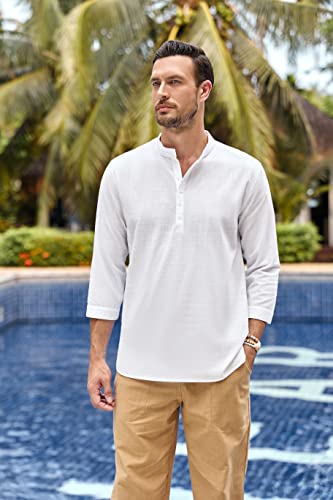 Karlywindow Mens Linen Henley Shirts Long Sleeve Hippie Yoga Summer Beach Casual Henleys T-Shirt White - Image 2