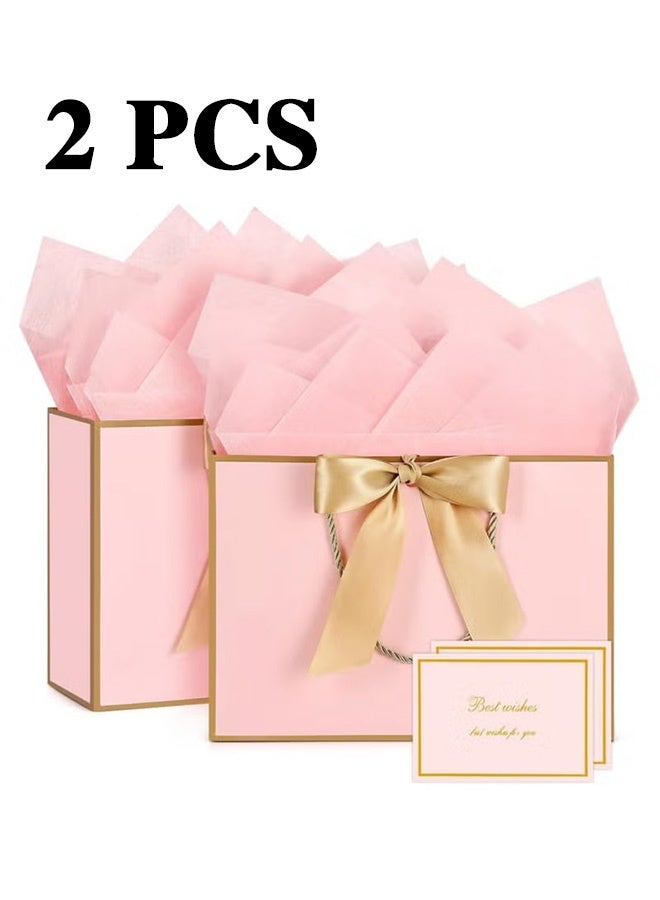 Unewshi 2PCS Pink Large Gift Bags, Paper Bags with Ribbon, Greeting Cards and Tissue Paper, Portable Party Bags with Handles, Birthday Gift Bags, Present Bags for Wedding Party, Party Supplies Bags size :32cm*25cm*11cm - Image 1
