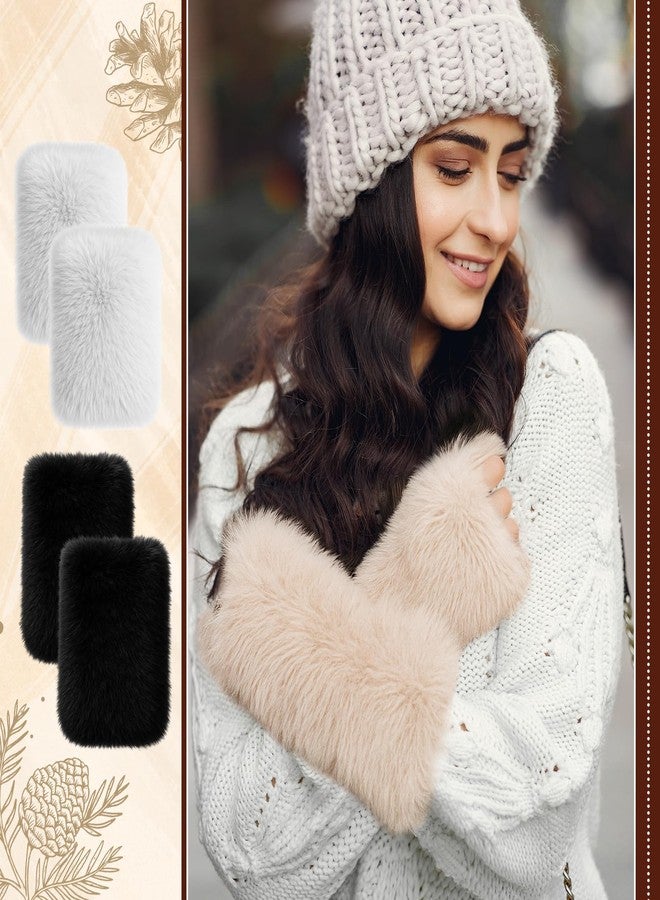 Skicuff قفازات Skicuff النسائية بدون أصابع من الفرو الصناعي، 3 قطع، قفازات فرو ناعمة ورقيقة، تدفئة للذراعين في الشتاء (أسود، أبيض، كاكي) - Image 4