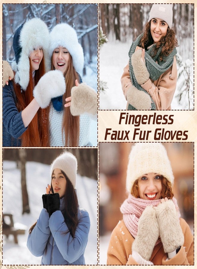 Skicuff قفازات Skicuff النسائية بدون أصابع من الفرو الصناعي، 3 قطع، قفازات فرو ناعمة ورقيقة، تدفئة للذراعين في الشتاء (أسود، أبيض، كاكي) - Image 5