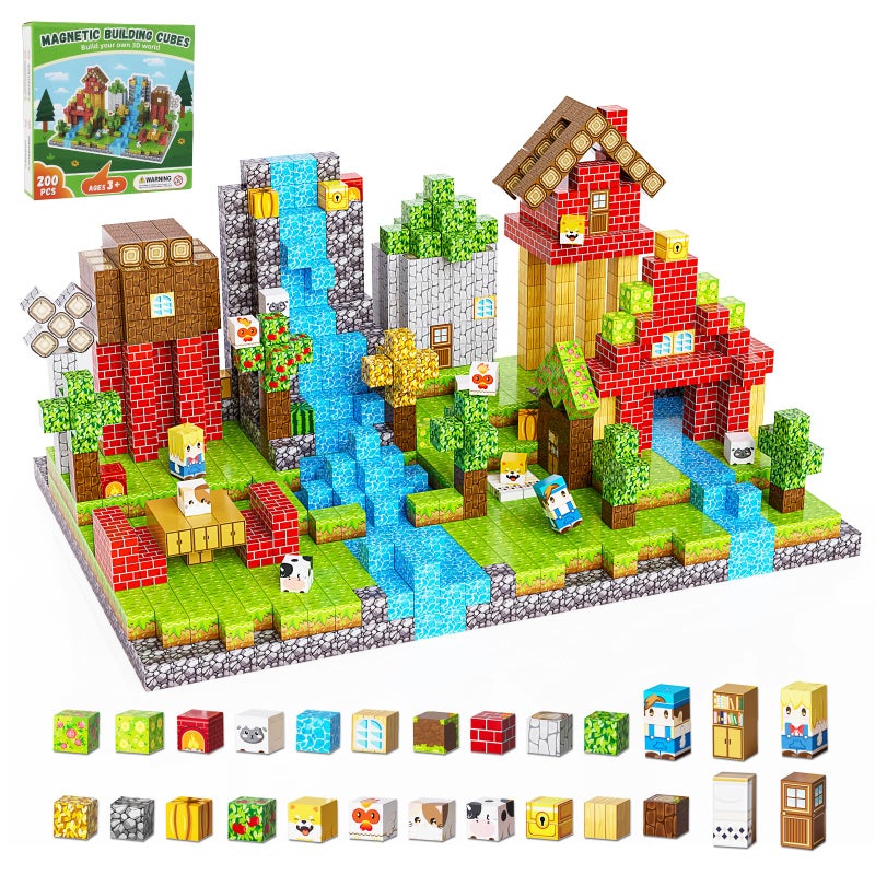 Fitrobust 200PCS Magnetic Building Blocks Set Magnetic Tiles Kids Build Cubes STEM Game Toys Build Forest World Set Christmas Birthday Gifts for Boys Girls Age 3 4 5 6 7 8 9 10 08 in Size - Image 2