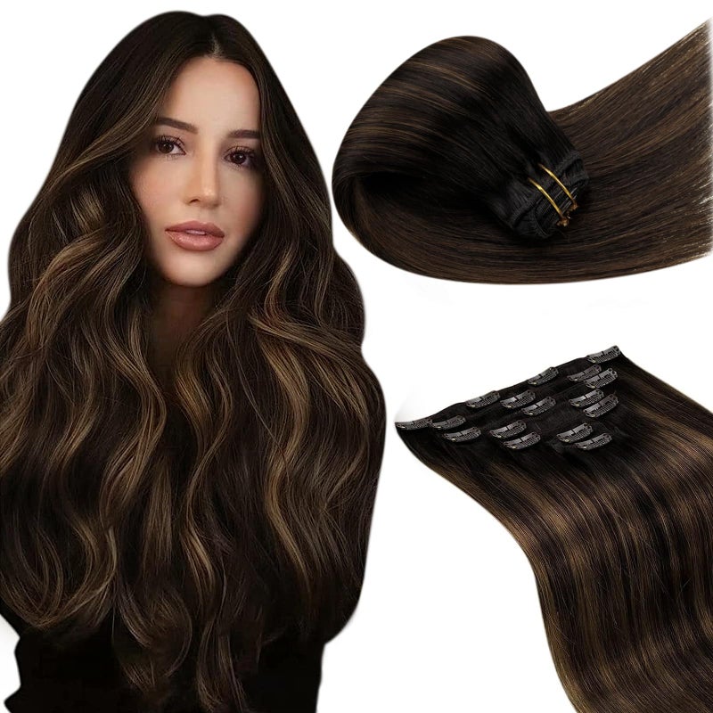 LaaVoo Clip in Hair Extensions Dark Brown Balayage Chestnut Brown Hair Extensions Clip ins Real Human Hair Light Brown Human Hair Clip in Extensions Full Head Silky Straight 14 Inch 7pcs 120g