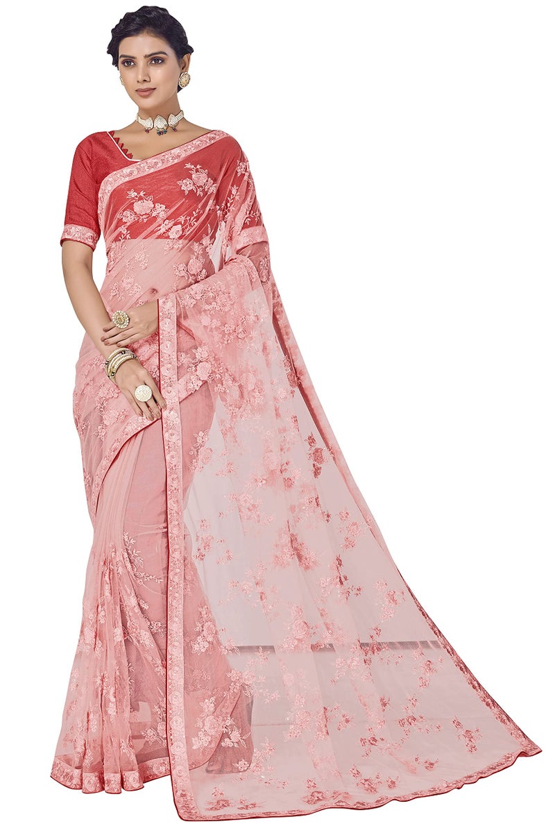 Glory Sarees Women's Net Saree with Embroidery Work (GS_Luxury131_Pink) - Image 3